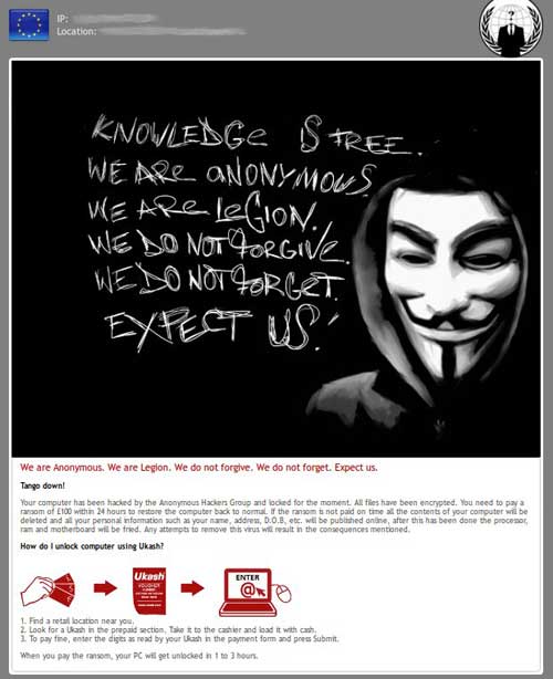 Afbeelding ransomware virus uit naam van anonymous group