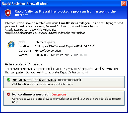 screenshot Rapid Antivirus Firewall Alert