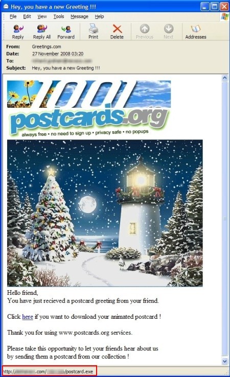 kerst virus via mail zogenaamd van postcard.org