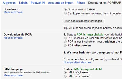 gmail tabblad doorsturen en POP/IMAP
